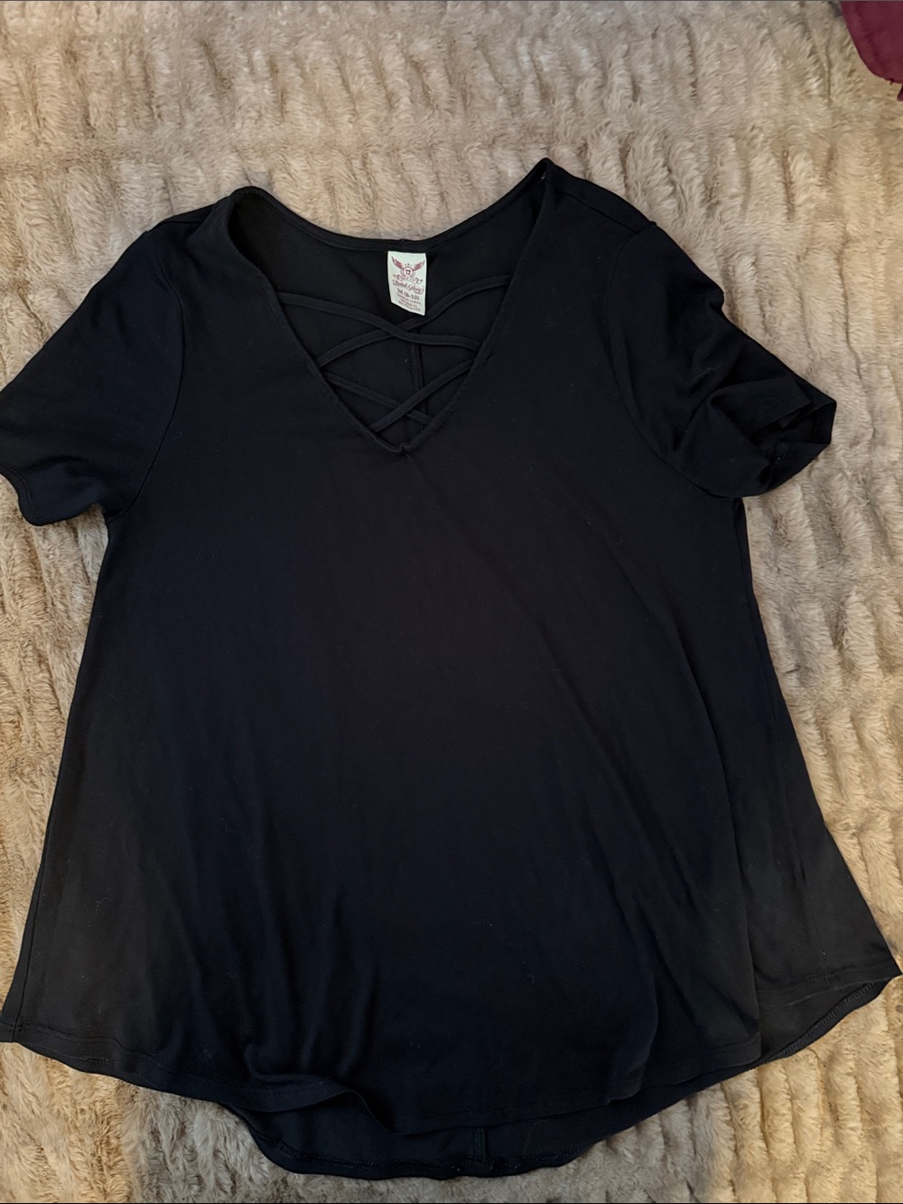 Faded Glory Black Short Sleeve Crisscross V-Neck Tee